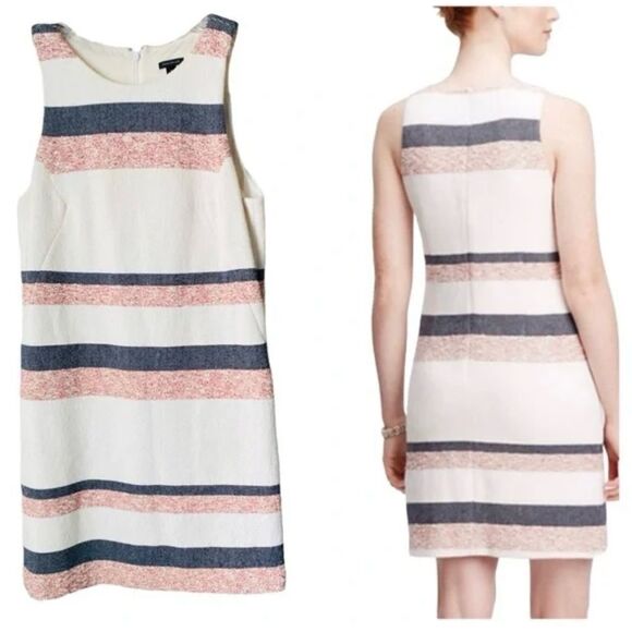Ann Taylor Boucle Shift Dress Cream Blue Red Stripe Sleeveless Classic 10 - Picture 1 of 8